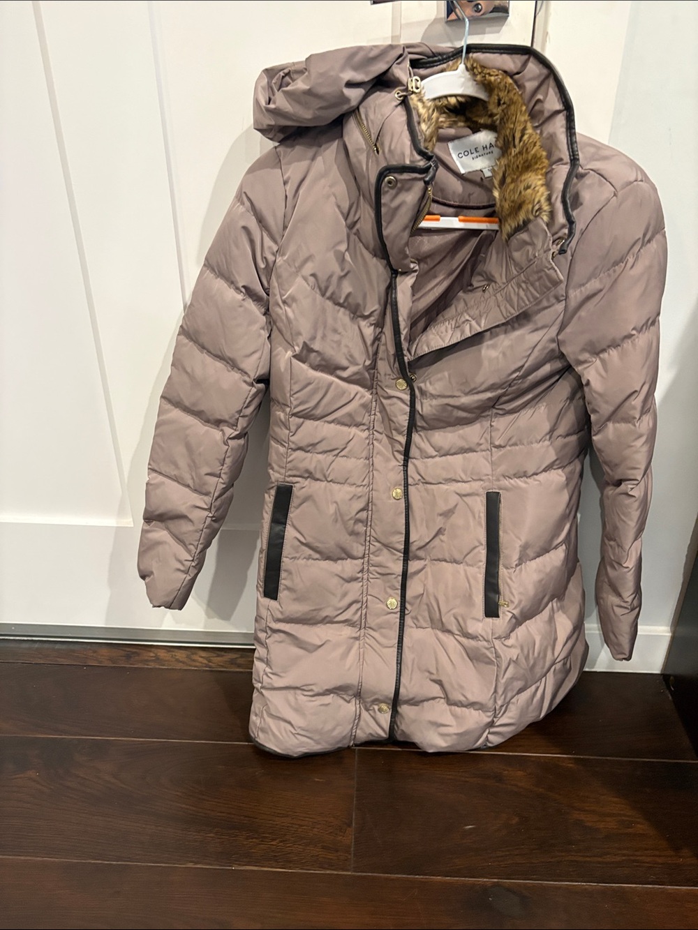 Cole Haan Women's Tan Quilted Puffer Coat with Faux Fur Hood